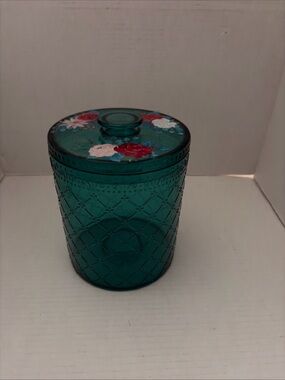 The Pioneer Woman Teal Glass Jar with Hand-Painted Floral Lid